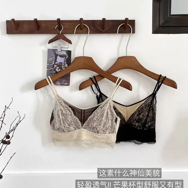 法式蕾丝睫毛撞色舒适美背收副乳透气抹胸内衣文胸一体吊带女