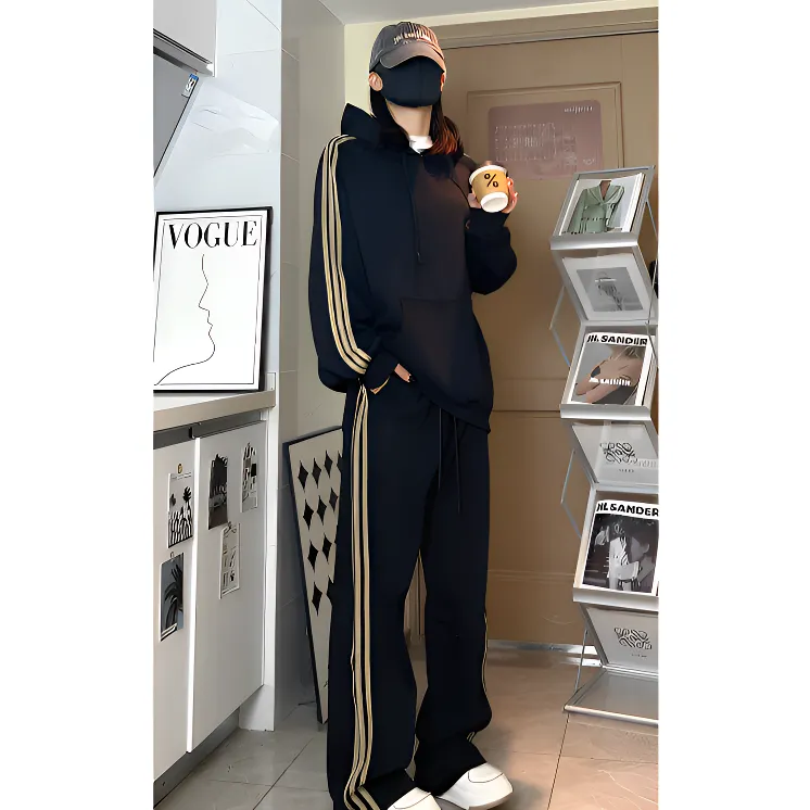 潮牌三条杠连帽卫衣休闲运动套装男女同款秋季条纹宽松帽衫直筒裤