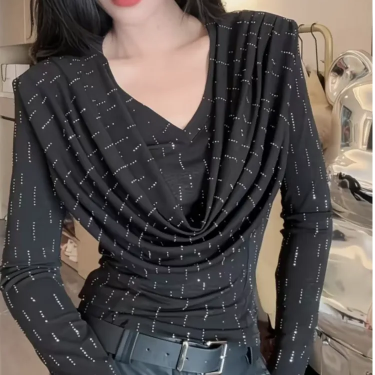 欧货时尚设计感V领褶皱长袖T恤女2025新款秋冬打底衫上衣潮百搭