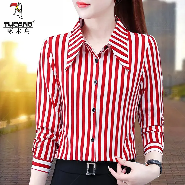 啄木鸟2025夏季女士长袖衬衣上衣衬衫条纹时尚百搭妈妈装休闲雪纺