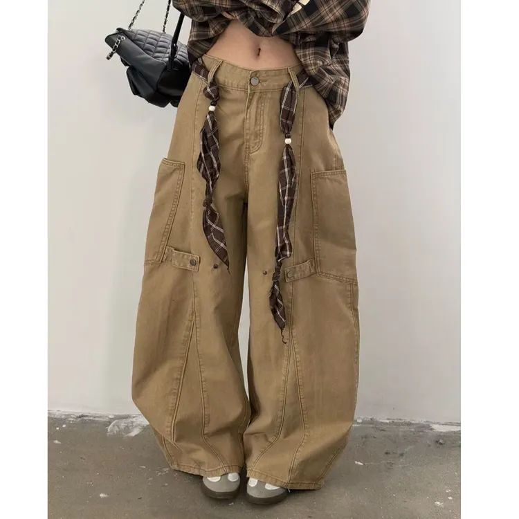 美式复古拼接设计感大口袋工装牛仔裤女早秋新款宽松时尚潮款裤子