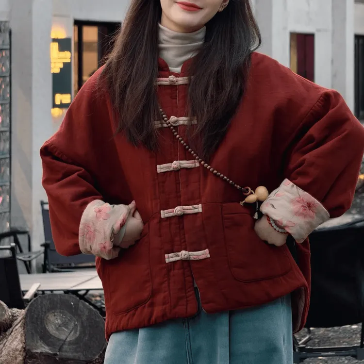 新中式双面穿印花棉衣外套女冬季宽松加厚保暖盘扣国风棉服小棉袄
