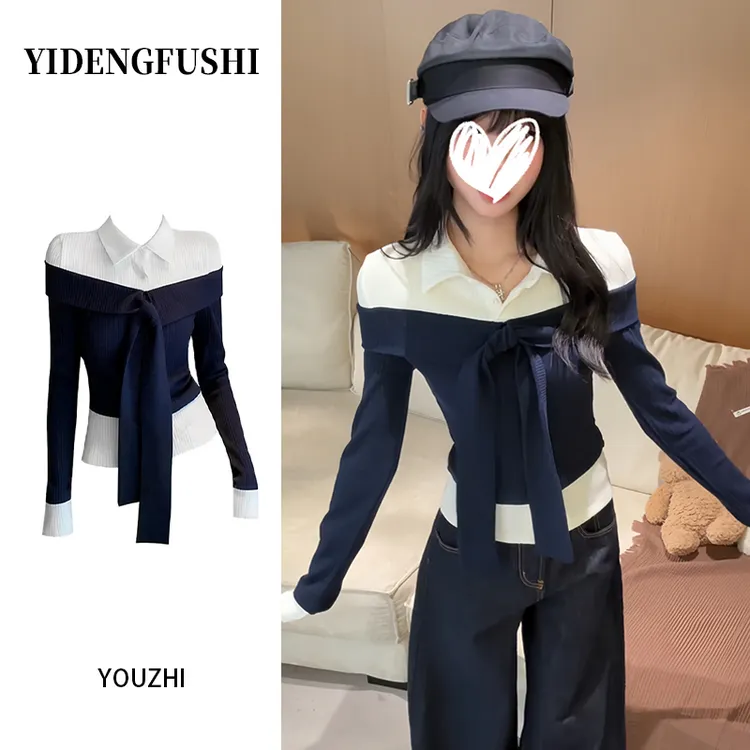 韩系减龄学院风藏蓝色修身假两件长袖t恤女秋季气质绑带百搭上衣