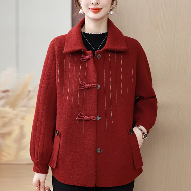 洋气妈妈冬装外套大码针织开衫中老年妇女秋冬季喜庆毛呢短款大衣