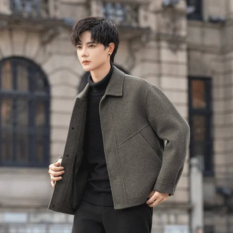 痞帅风毛呢夹克男外套冬季高级感加厚休闲双面羊毛呢子大衣男短款