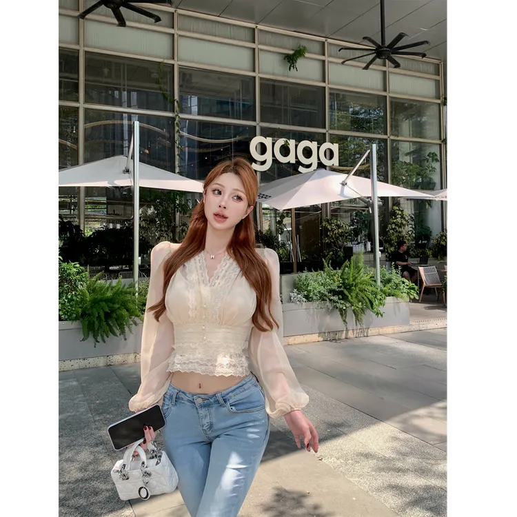 YOYO蕾丝 法式浪漫设计感掐腰显瘦衬衫上衣女早秋新款高腰半身裙