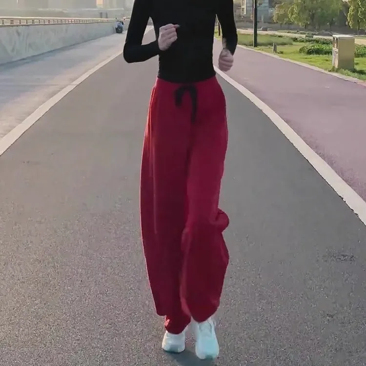 弯刀卫裤女秋冬季2025新款休闲裤直筒气质高腰显瘦红色宽松阔腿裤