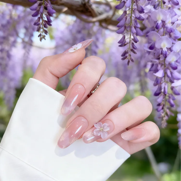 【紫藤花开】紫色美拉德渐变晕染款猫眼手绘纯欲穿戴甲2025秋冬新款