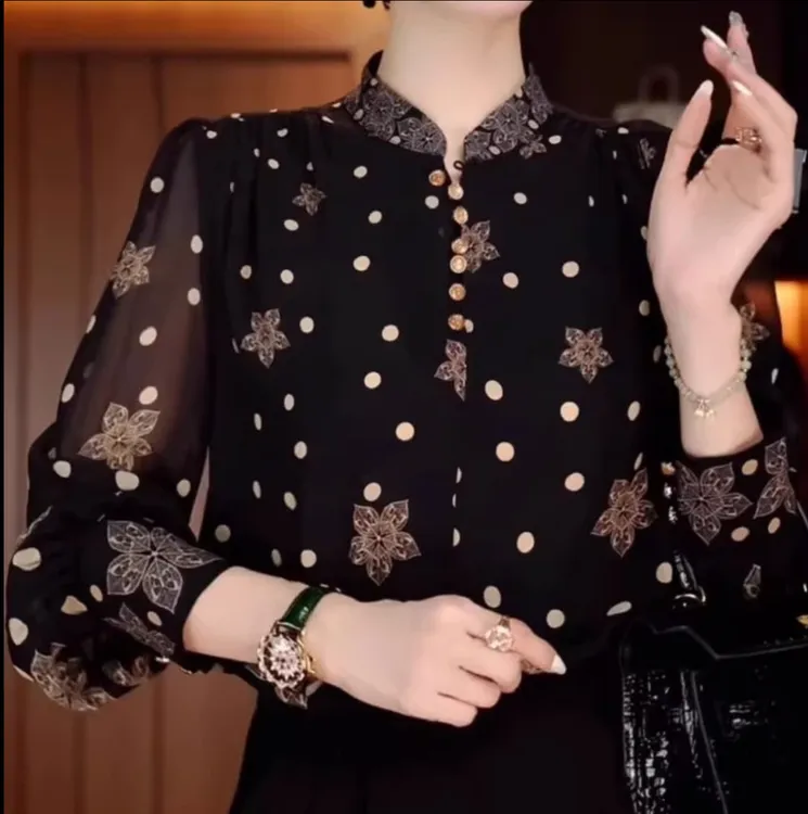 2025年初秋款修身显瘦长袖波点时尚衬衫气质百搭女士打底女装0420