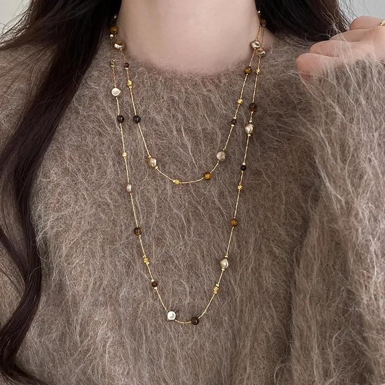 卡柒 铜合金项链 美拉德珠珠项链女复古轻奢高级感长款秋冬毛衣链