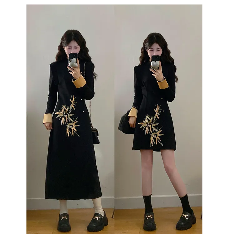 爆款大码女装新中式国风古法刺绣收腰显瘦胖MM气质感旗袍连衣裙