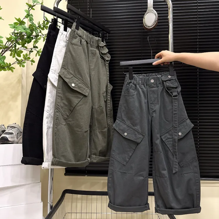 潮酷男女童美式纯棉休闲工装裤2025新款秋装儿童阔腿春秋直筒裤
