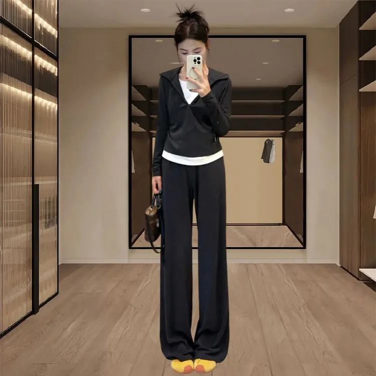 2025春秋季新款女士灰色假两件显瘦连帽上衣休闲垂感阔脚裤两件套