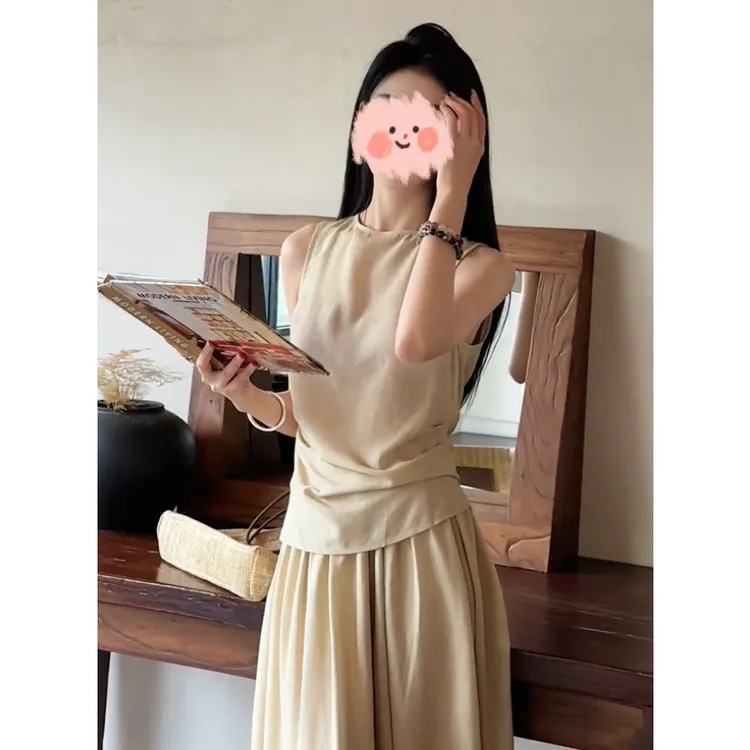 2025夏季简约风无袖露背系带时尚气质背心+显瘦半身裙气质套装