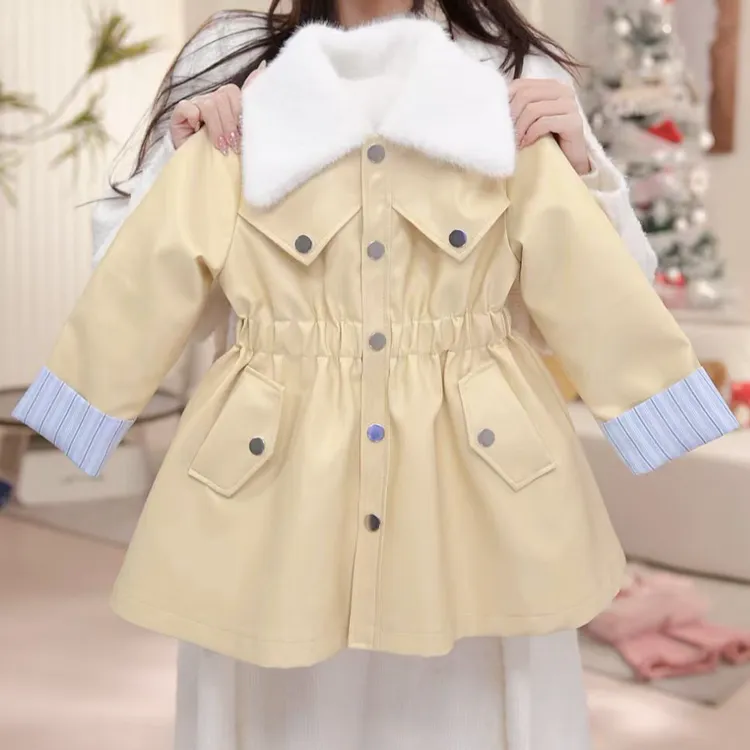 【起司】女童皮衣秋冬加绒外套加厚中长款大衣连衣裙休闲女孩30753