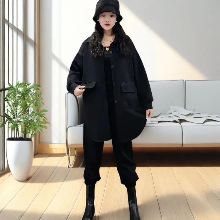 春季时尚钮扣带兜休闲上衣外套裤子两件套胖妹妹大码气质显瘦套装