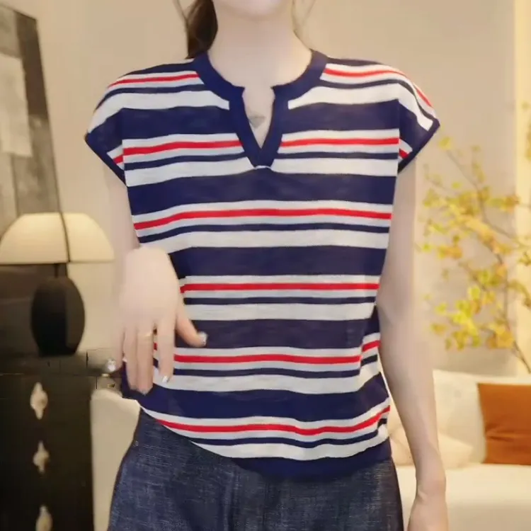 夏季彩色多巴胺无袖针织衫条纹T恤上衣女LK2503813