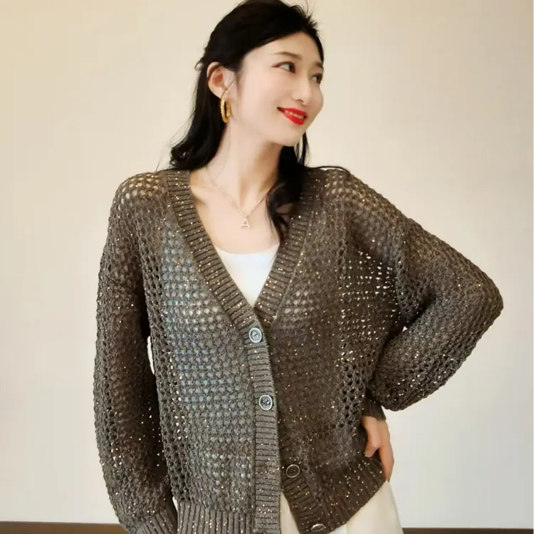 阿玛施AMASS【针织的时光】时尚气质百搭镂空宽松针织开衫548008