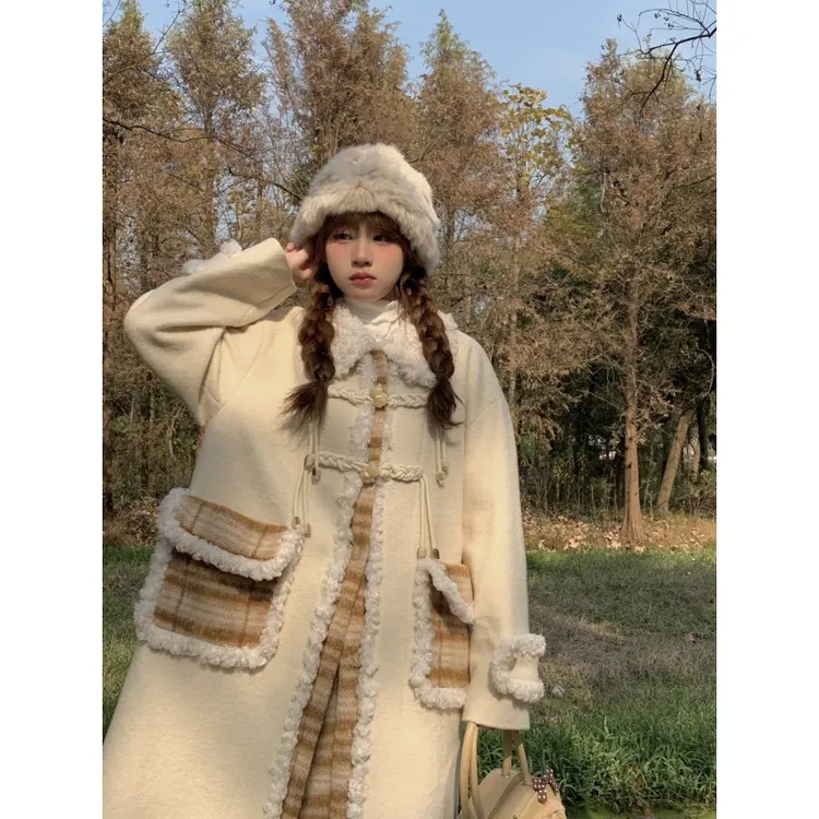 sinsingirl 摩卡奶露 2025大衣女秋冬季格子拼接中长款毛呢外套