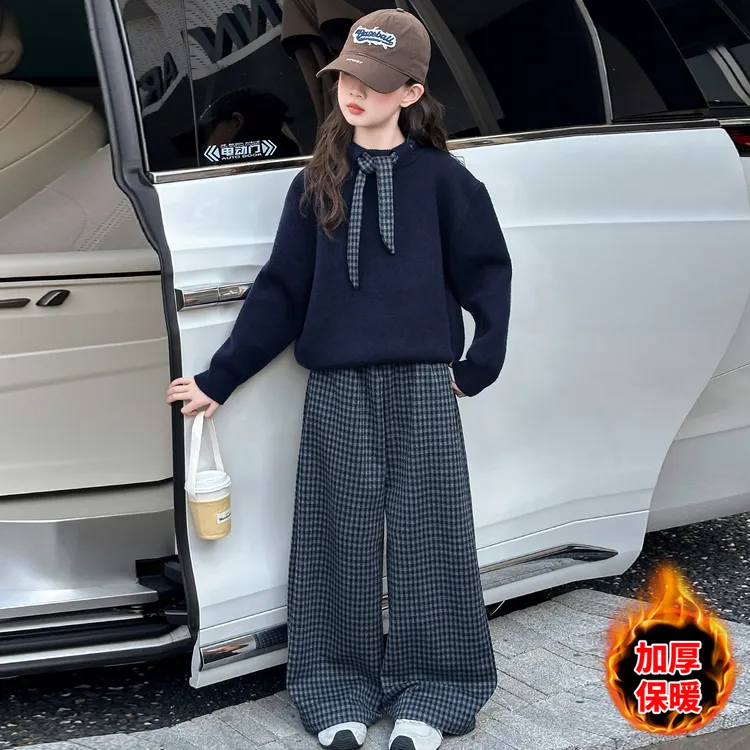 女童冬款毛衣套装2025新款儿童韩系穿搭大童女孩加绒格子裤两件套