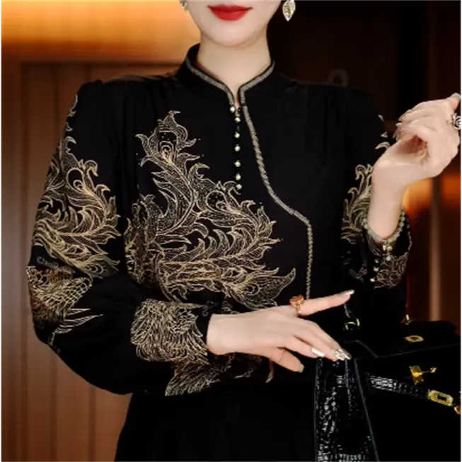 新高端琉璃沙春秋印花女显瘦显白百搭减龄气质时尚套头上衣