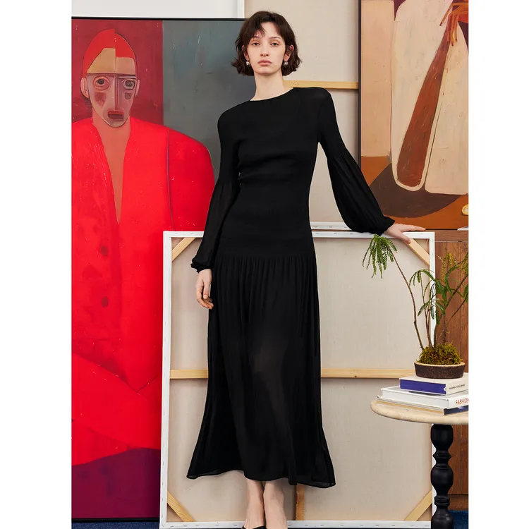 AEL原创法式秋冬夏季度假显瘦长裙高腰长款气质赫本风黑色连衣裙