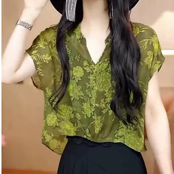 夏季新款设计感绿玫瑰宽松显瘦V领衬衫气质优雅洋气百搭减龄上衣