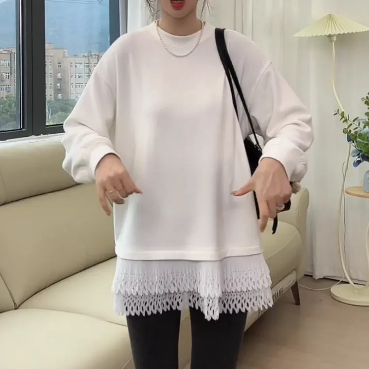 新款韩系拼接百褶下摆花边打底衫中长款上衣LK2508043