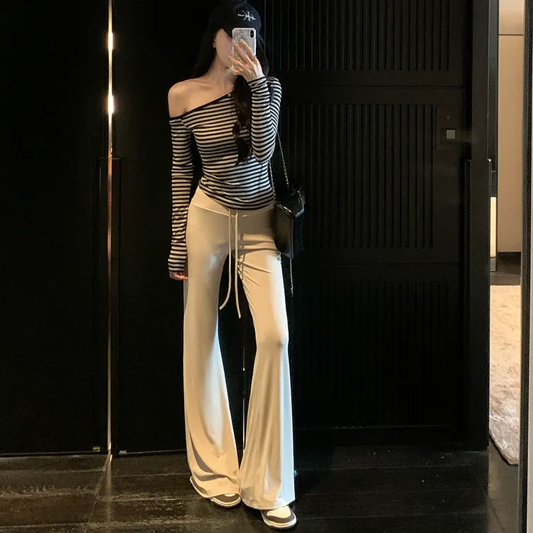 纯欲斜肩条纹长袖t恤女春季2025新款修身显瘦辣妹短款上衣设计感