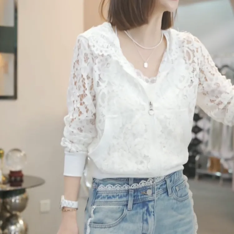 【雨丝风片】2025春季新款时尚气质拉链蕾丝帽衫外套LK2501737