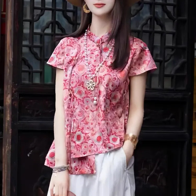 新中式国风立领斜襟盘扣流苏气质提花上衣2025夏季新款复古小衫