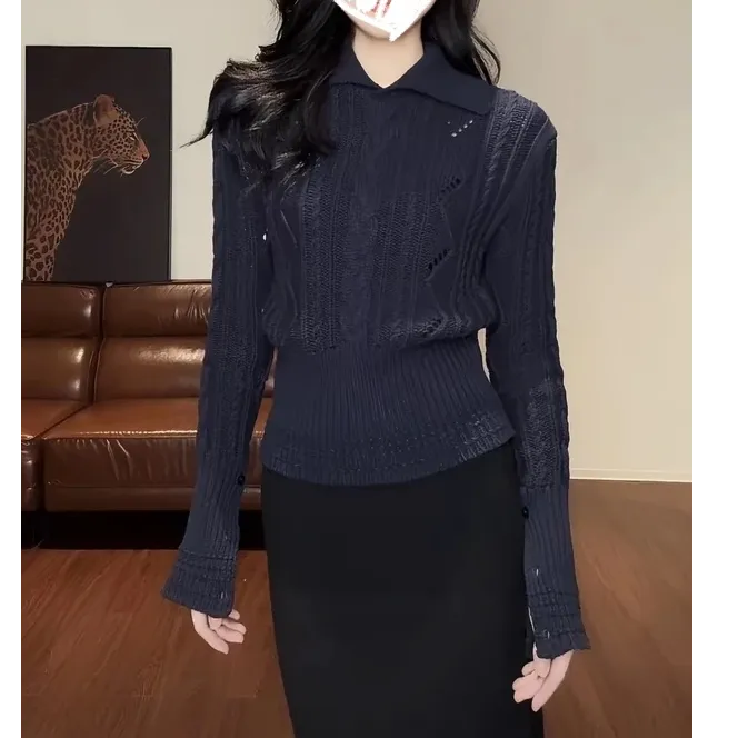 2025新款翻领麻花下摆收腰显瘦百搭针织上衣毛衣女
