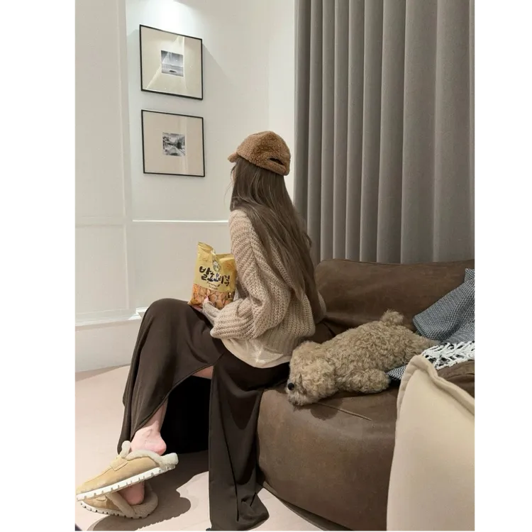 温柔蝙蝠袖针织毛衣+宽松休闲显瘦打底衫+开叉A字长裙女套装D885