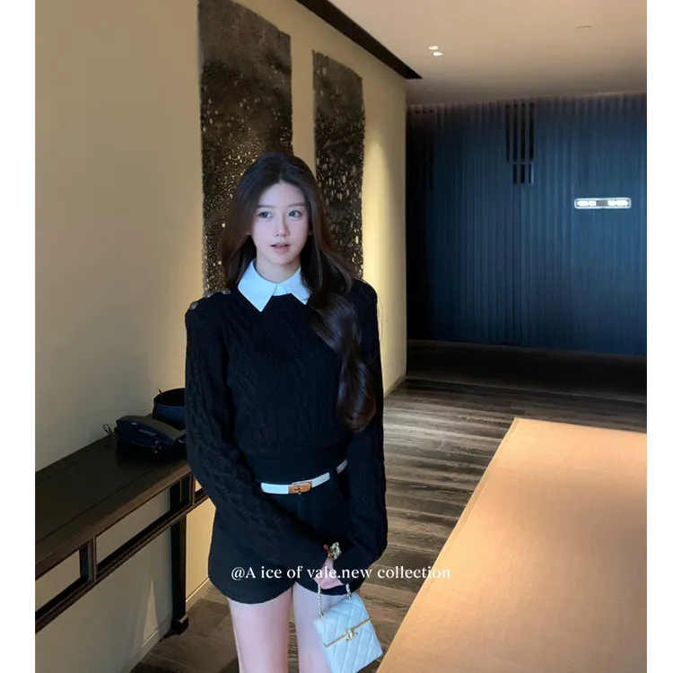 【达人专属】Riseaauu 《黑色玫瑰》学院风假两件麻花针织衫甜美上衣 Q41247554