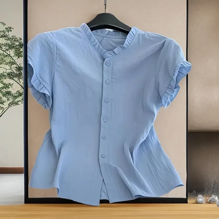 流行爆款多巴胺蓝色短袖衬衫上衣法式收腰洋气女士女款小衫衬衣