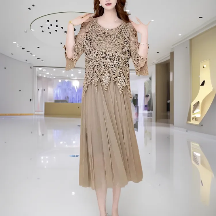 高档连衣裙套装女2025夏季新款时尚气质妈妈蕾丝小衫网纱裙两件套