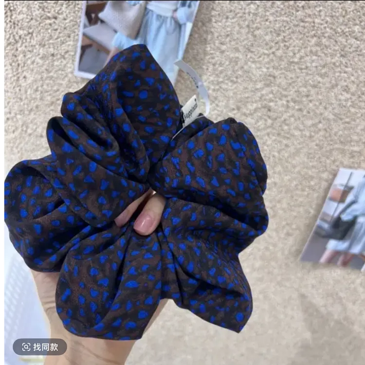 复古蓝豹纹大肠发圈女超大头绳慵懒低马尾头花盘发头绳橡皮筋发饰