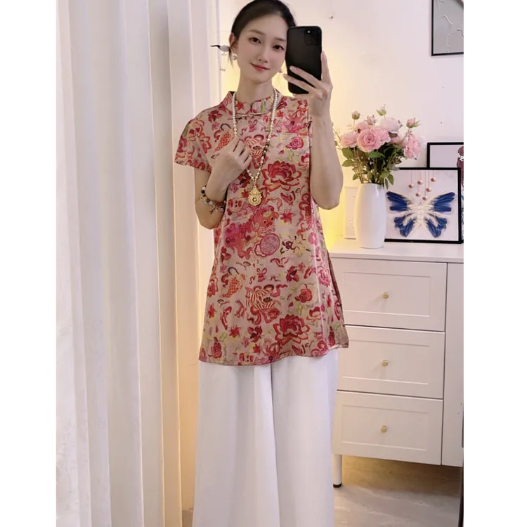 锦鲤新中式盘扣女士上衣唐装旗袍风中长上衣套装