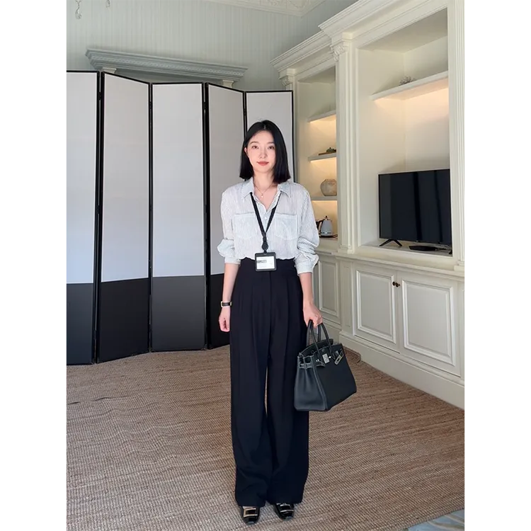 郭九九呢 棉气质经典百搭肌理条纹衬衫高腰西装阔腿裤 G925A13970