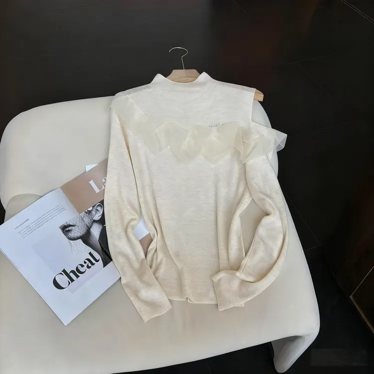 名媛气质单边露肩立体扎花荷叶边细针织毛衣A10095