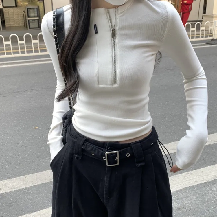独特别致白色小众拉链长袖T恤女春秋新款修身设计感圆领时尚上衣