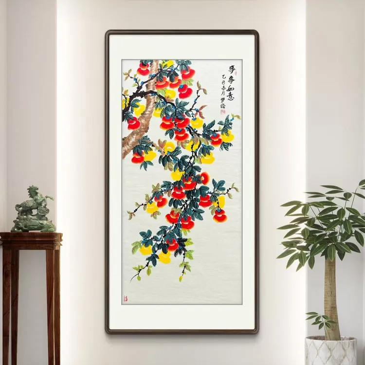 国画《事事如意》手绘四尺竖幅柿子图客厅餐厅玄关茶室挂画文玩探宝