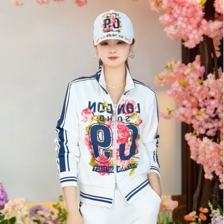 【GY】新款秋季牡丹花显瘦立领气质减龄长袖休闲秋运动套装2437005