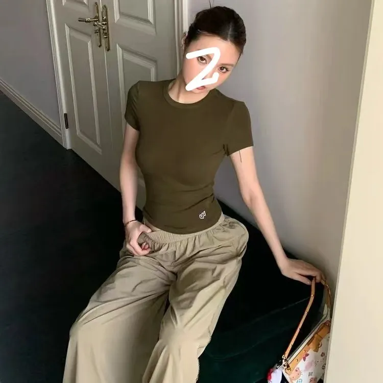 2025夏季复古气质韩版正肩圆领刺绣短袖修身显瘦百搭简约款上衣女