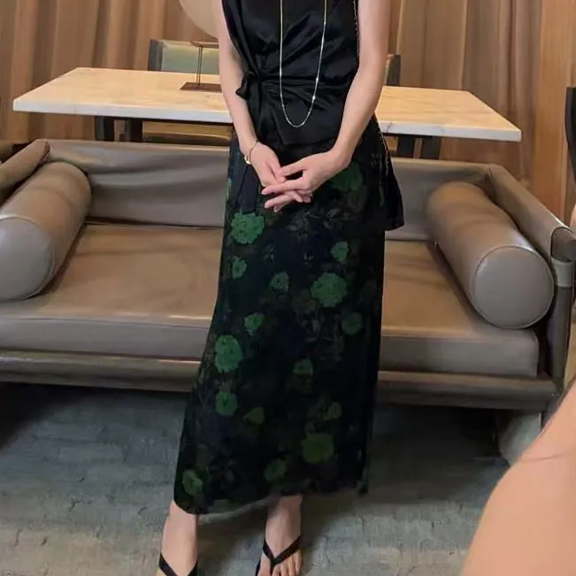  TANTAN  真丝香云纱绿色印花半裙1354