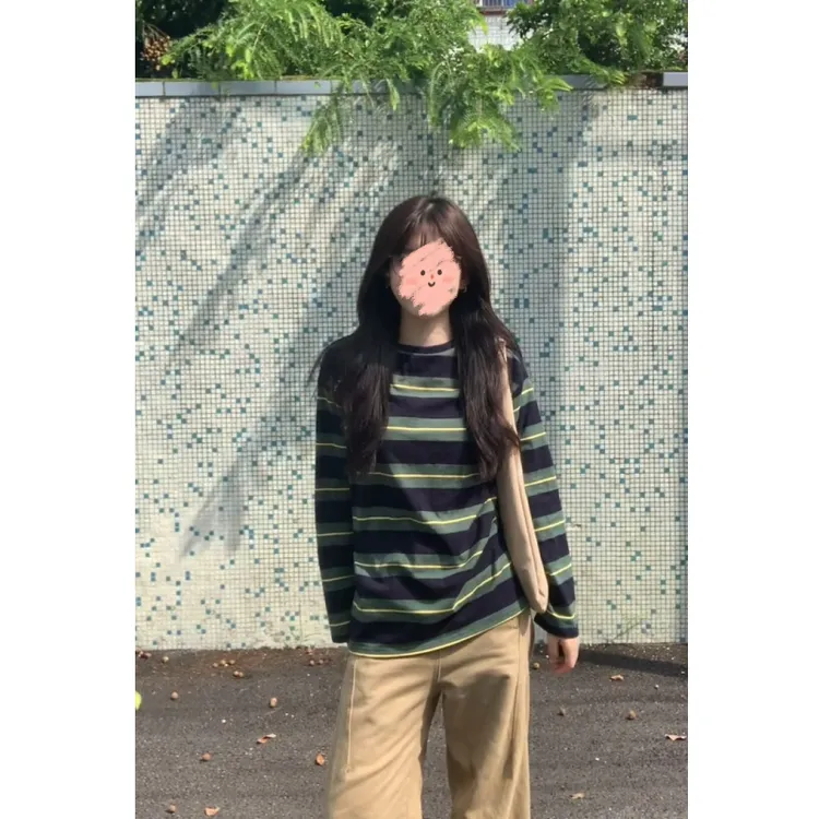 美式撞色条纹长袖圆领T恤女秋季2025新款慵懒宽松百搭套头上衣