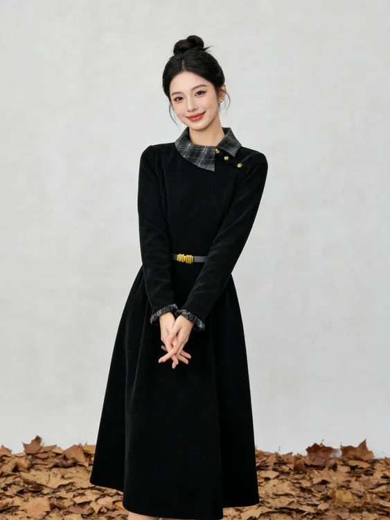秋冬 【加绒】气质法式黑色连衣裙撞色格纹拼接翻领收腰显瘦连衣裙