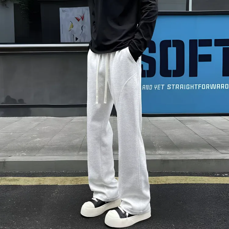 灰色美式斜切运动卫裤男款秋季垂坠感弯刀裤子cleanfit直筒微喇裤