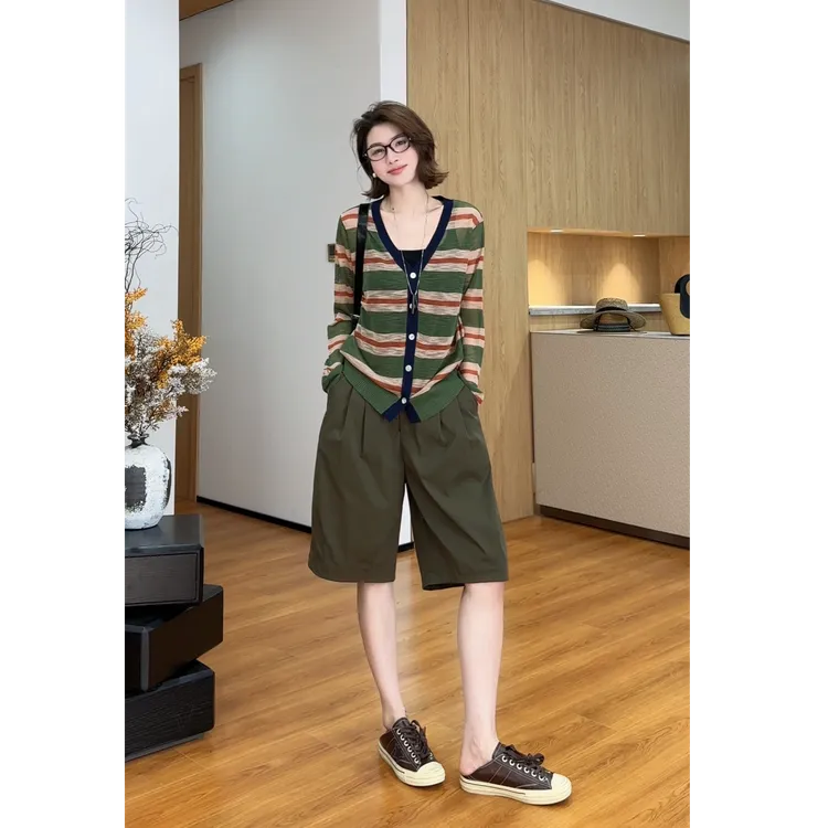 YYOUHAN 2025新款【茉海听风】撞色条纹V领针织开衫女装 2507C3957