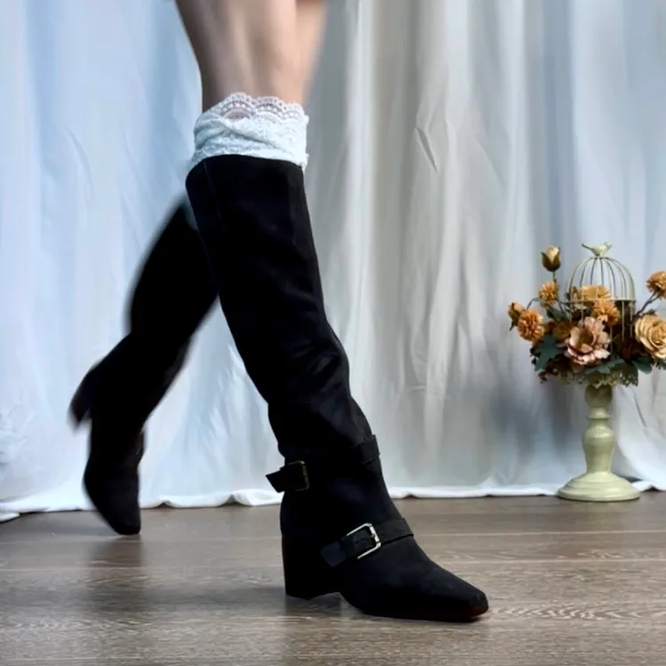 6.5CM牛反皮时装靴秋冬筒靴不过膝黑色直筒靴女靴绒里百搭女鞋子